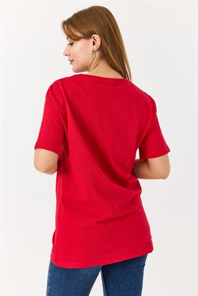 Kadın Bisiklet Yaka Motor Baskılı Tshirt Kırmızı