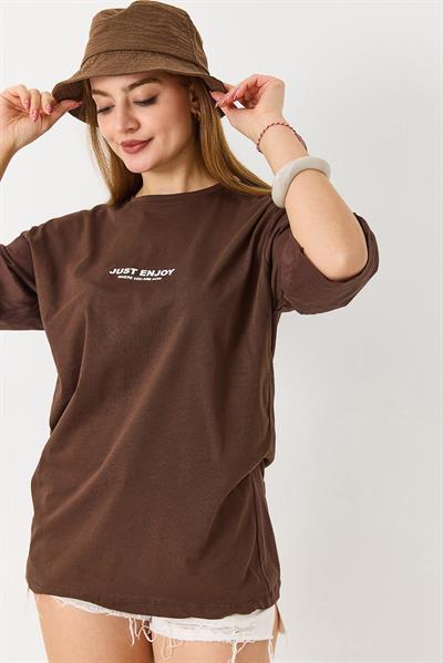 Kadın Yazı Baskılı Bisiklet Yaka Tshirt Kahverengi