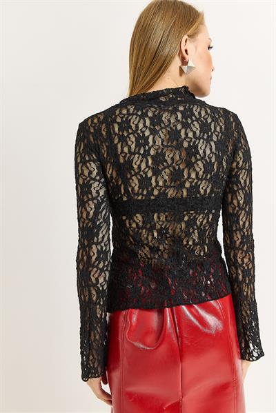 Kadın Uzun Kollu Ön Bağlamalı Dantel Siyah Bluz