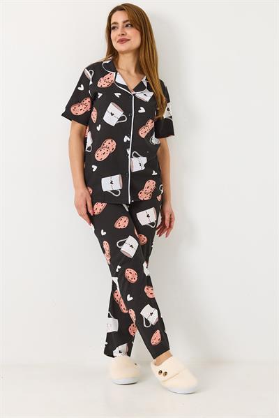 Kadın Kısa Kollu Düğmeli Pijama Takımı Siyah