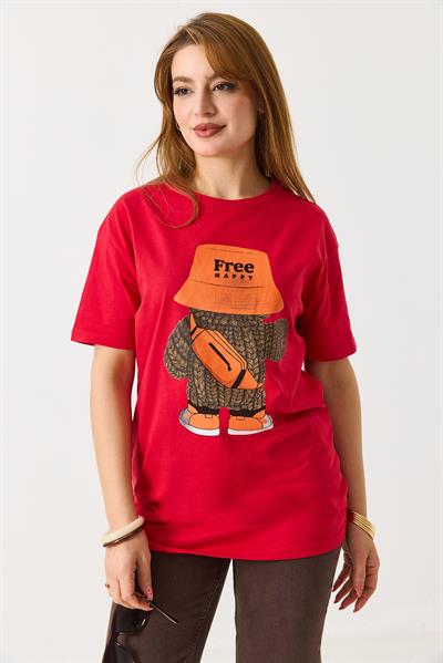 Kadın Baskılı Bisiklet Yaka Kısa Kol Tshirt Kırmızı