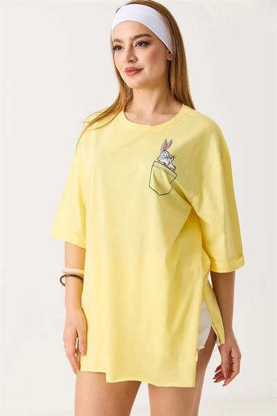 Kadın Yanları Yırtmaçlı  Oversize  Basic Tshirt Sarı