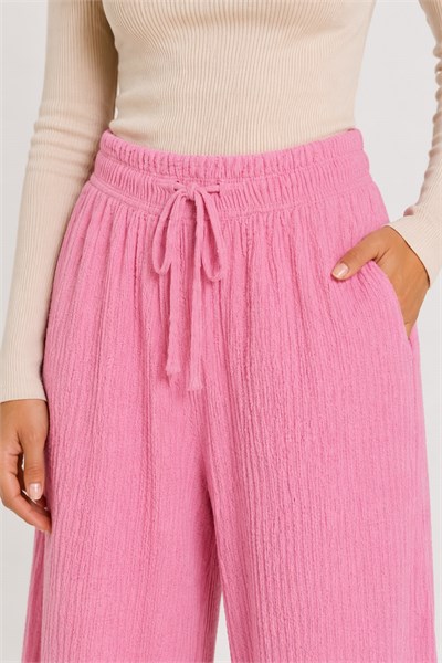 Kadın Yüksek Bel Salaş Bol Paça Gofre Kumaş Beli Bağcıklı Pantolon Pembe