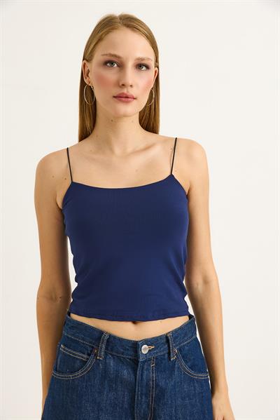 İp Askılı Crop Bluz Lacivert