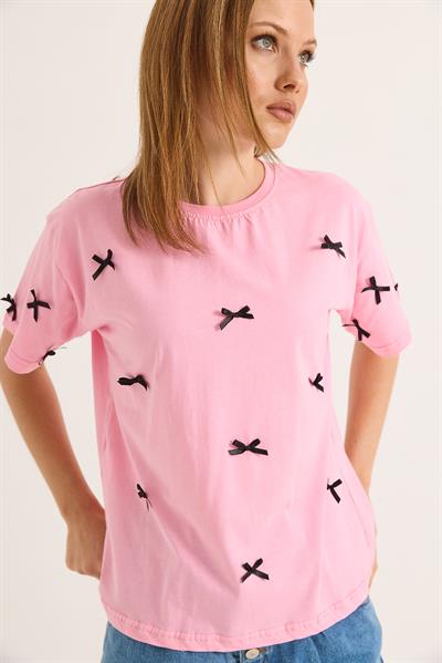 Fiyonk Detaylı Fit Pamuk Tshirt Pembe