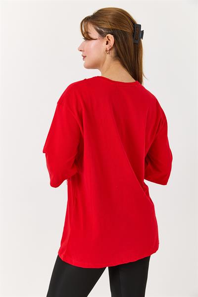 Kadın Yakası Gold Zincirli Bisiklet Yaka Tshirt Kırmızı