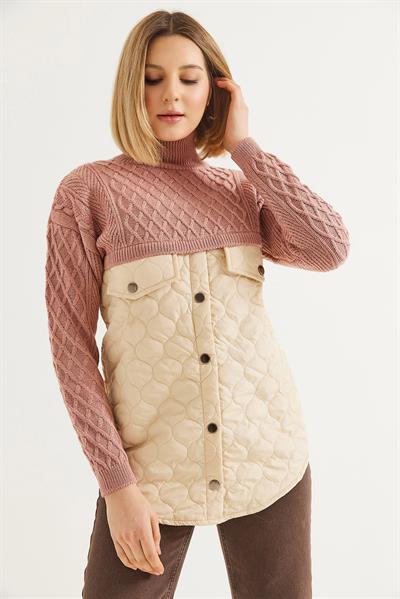 Kapitoneli Baklava Örgülü Triko Kazak Pudra