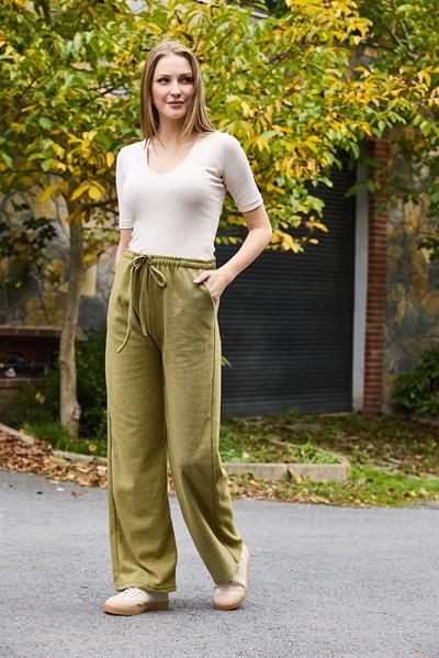 Kadın Selanik Yüksel Bel Esnek ve Dökümlü Triko Pantalon Yeşil