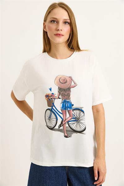Baskılı Bisiklet Yaka Kısa Kollu Tshirt Beyaz