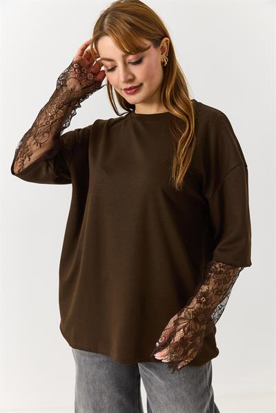 Kadın Kolu Tül Detaylı Oversize Tshirt Kahverengi