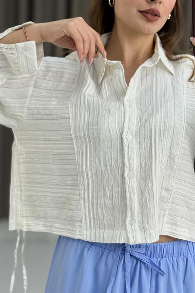 Kadın Yanları Büzgülü Yeşil Çizgili Crop Uzun Kol Gömlek  Beyaz