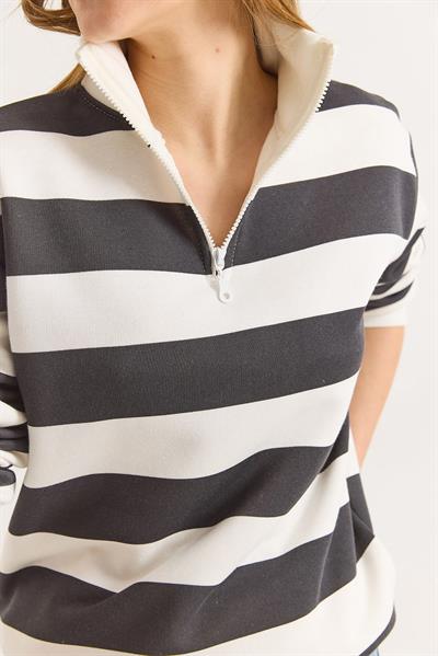 Kadın Antrasit Balıkçı Yaka Çizgili Üç İplik İçi Şardonlu Kışlık Sweatshırt