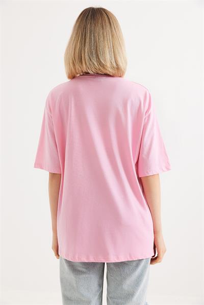 Oversize Bisiklet Yaka Basic Tshirt Pembe