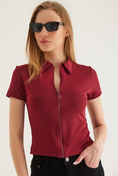 Polo Yaka Fermuarlı  Kaşkorse Bluz Bordo