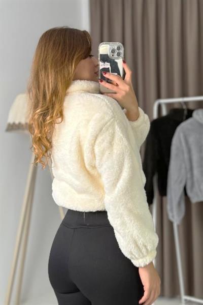 Kadın Yarım Fermuarlı Altı Büzgülü Krem Sweatshirt