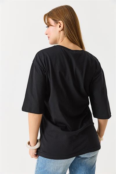 Kadın  Bisiklet Yaka Rahat Kesim Kısa Kol Tshirt Siyah