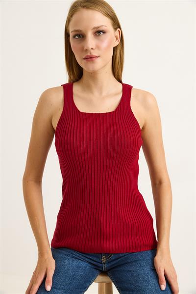 Kare Yaka Kalın Askılı Triko Atlet Bluz Bordo