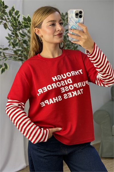 Kadın Yazı Baskılı Kolları Çizgili Bisiklet Yaka Tshirt Kırmızı