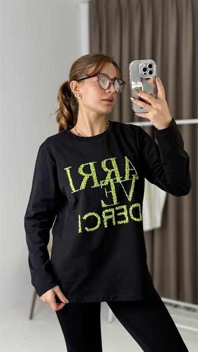 Kadın Siyah Yazı Baskılı Uzun Kollu Tshirt