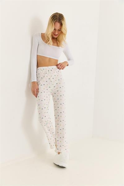 Kadın Renkli Kalp Detaylı İnterlok Pamuk Pijama Altı