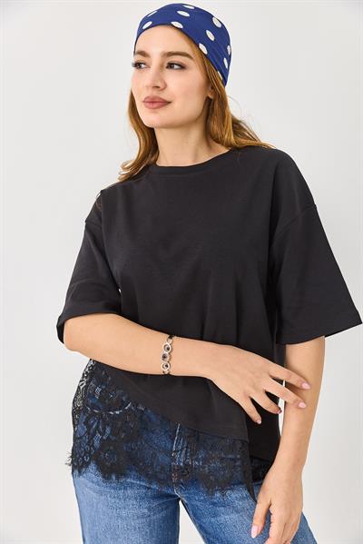 Bisiklet Yaka Dantel Detaylı Şık Tshirt Siyah