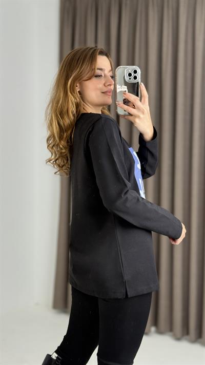 Kadın Siyah Baskılı Uzun Kollu Tshirt