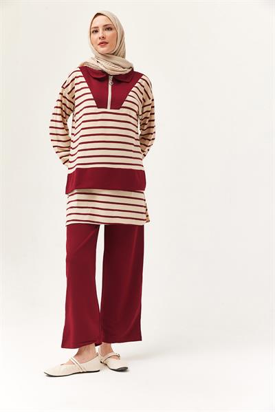 Fermuarlı Çizgili Gömlek Yaka Takım Bordo