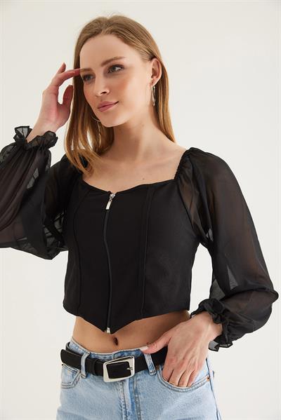 Kare Yaka Kolları Tül Detaylı Fermuarlı Bluz Siyah