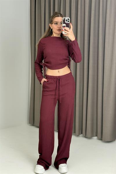 Kadın Yandan Bağlama Detaylı Aerobin Kumaş Bordo Takım