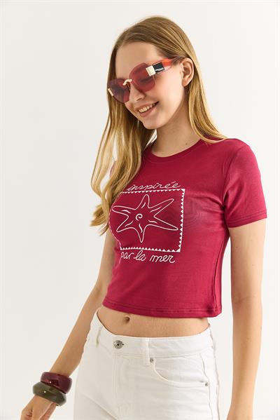 Deniz Yıldızı Baskılı Bisiklet Yaka Crop Bordo