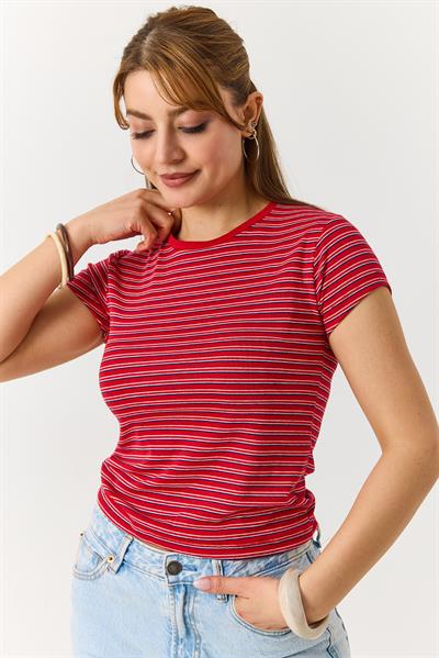 Kadın  Çizgili Bisiklet Yaka Tshirt Kırmızı