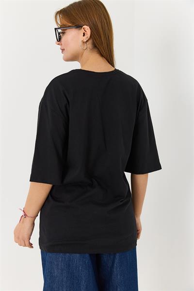 Kadın Yazı Baskılı Bisiklet Yaka Tshirt Siyah