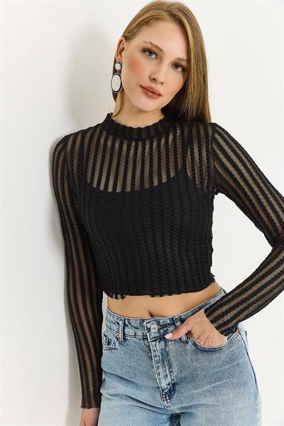 Kadın İkili İçi Askılı Crop Uzun Kollu Şifon Bluz Siyah