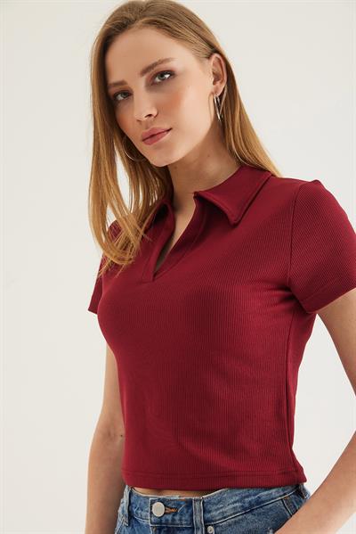 Polo Yaka Kadın Kısa Kol Bluz Bordo