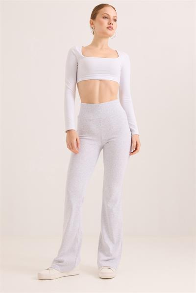 Yüksek Bel İspanyol Paça Fitilli Pantolon Gri