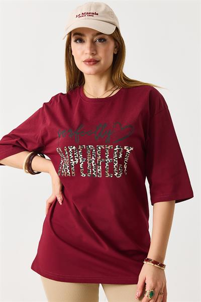 Kadın Bol Kesim Bisiklet Yaka Kısa Kol Tshirt Bordo