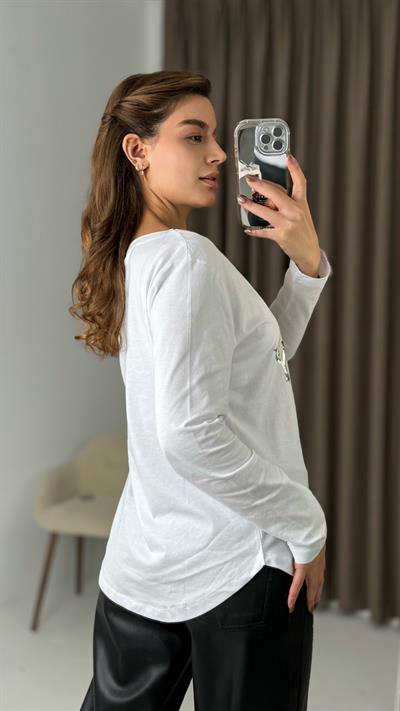 Kadın Beyaz Parlak  Baskılı  Tshirt