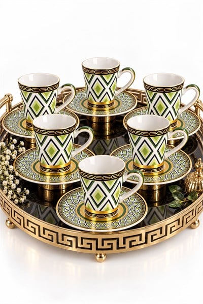 6lı Geometrik Desenli Tabağı İçe Geçmeli Fincan Takımı Yeşil