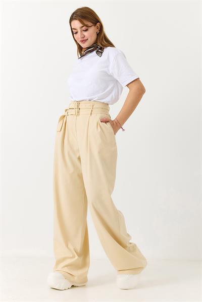 Kadın Çift Kemerli Salaş Kesim Bol Paça Pantolon Bej 
