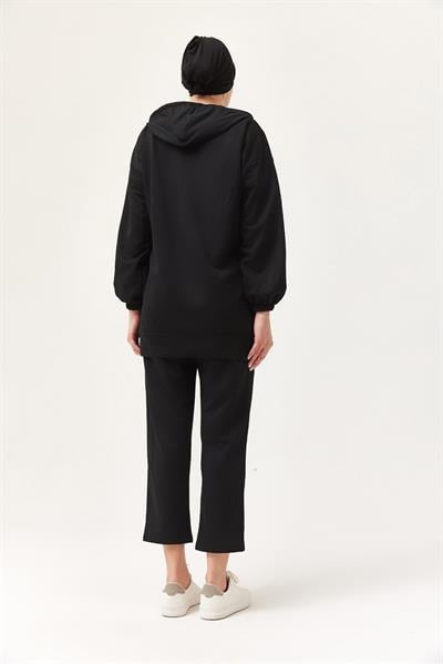 Kadın Kapüşonlu Fermuarlı İkili Takım Siyah