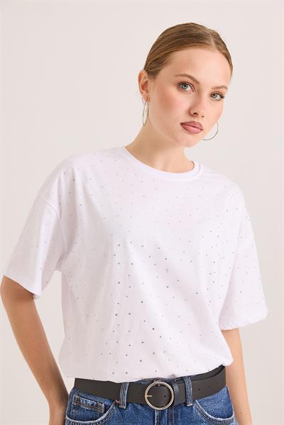 Taş Detaylı Rahat Kalıp Premium Pamuk Tshirt	Beyaz