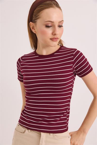 Kısa Kol Likralı Kompak Çizgili Tshirt Bordo