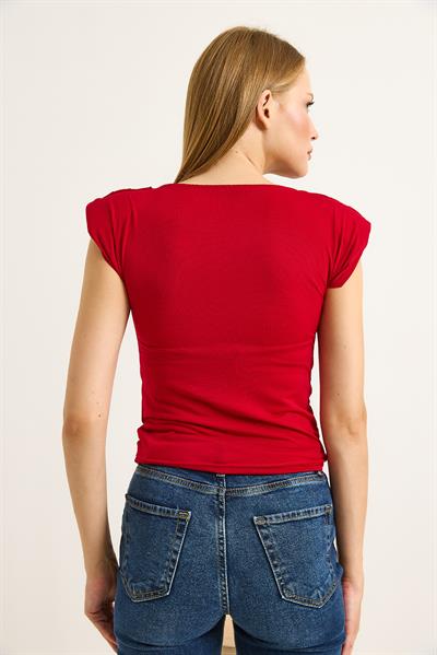 Dökümlü Yaka Sıfır Kol Vatkalı Bluz Kırmızı