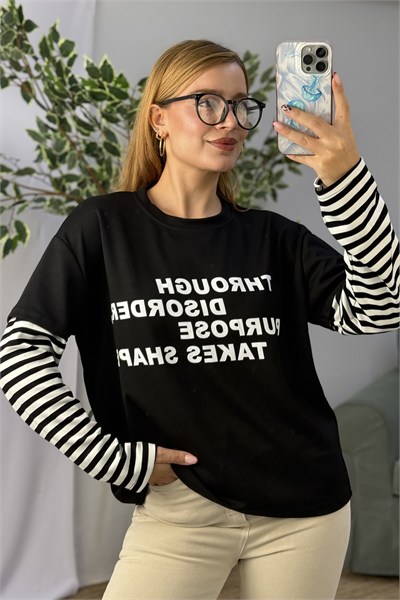 Kadın Yazı Baskılı Kolları Çizgili Bisiklet Yaka Tshirt Siyah