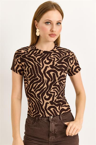 Zebra Desen Fitilli Örme Kumaş Kahverengi Bluz