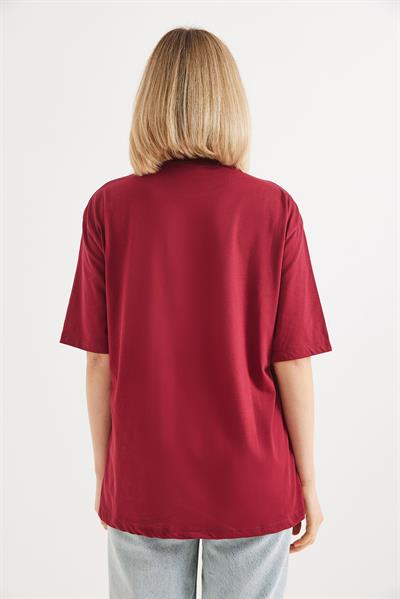Oversize Bisiklet Yaka Basic Tshirt Bordo