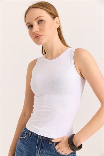 Kolsuz Bisiklet Yaka Bluz Beyaz