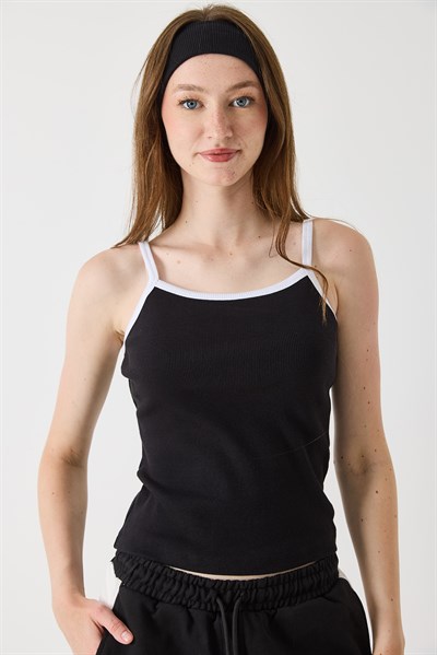 Kadın Askılı Kaşkorse Crop Bluz Siyah