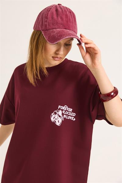 Baskılı Oversize İki İplik Tshirt Bordo