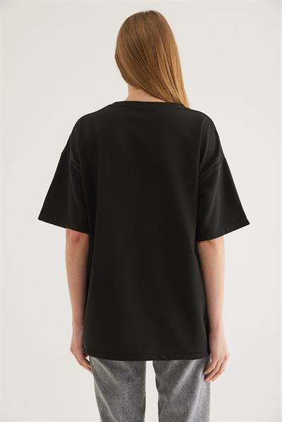 Bisiklet Yaka Oversize Baskılı Tshirt Siyah